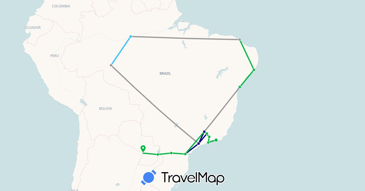 TravelMap itinerary: driving, bus, plane, boat in Brazil, Paraguay (South America)